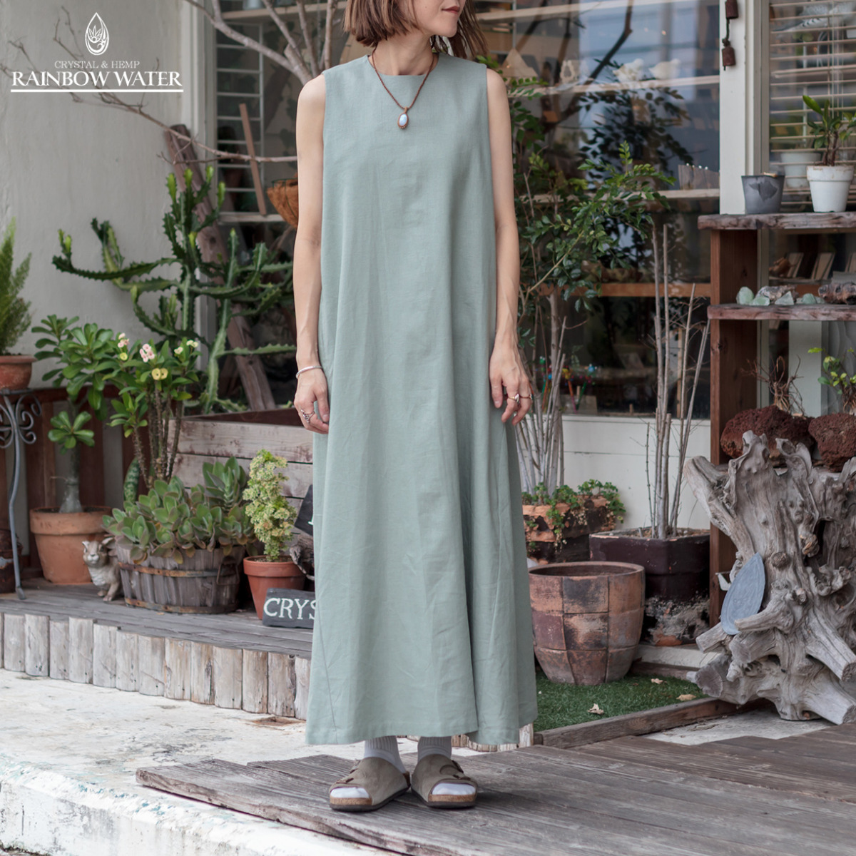 LINEN COTTON ロングワンピース② / PASTEL GREEN