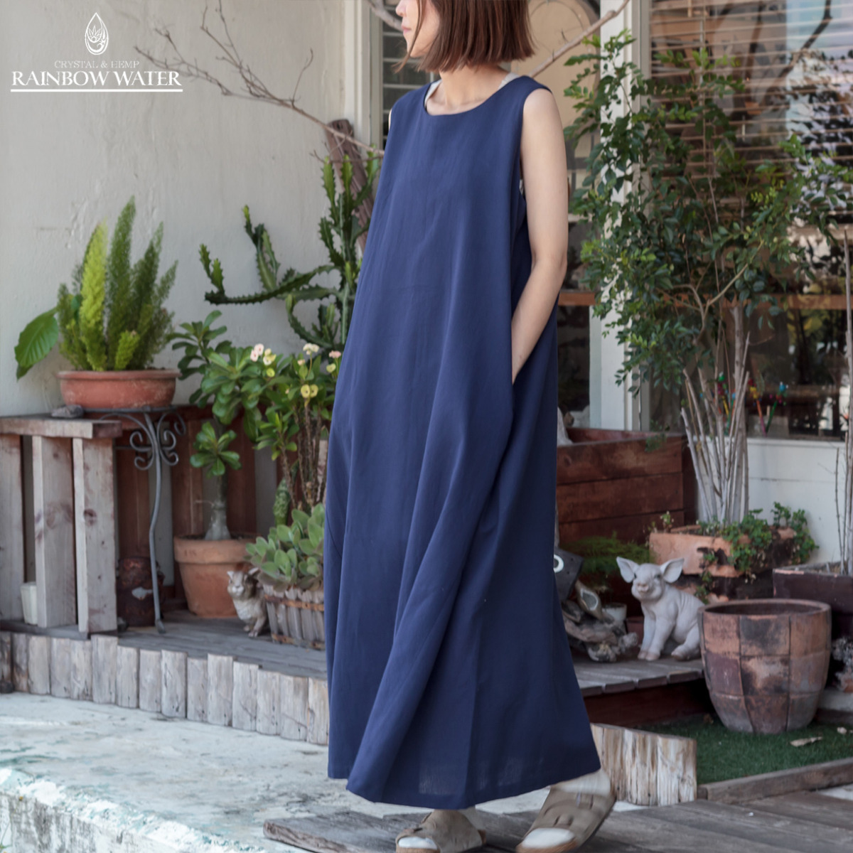 COTTON 100% ロングワンピース① / NAVY