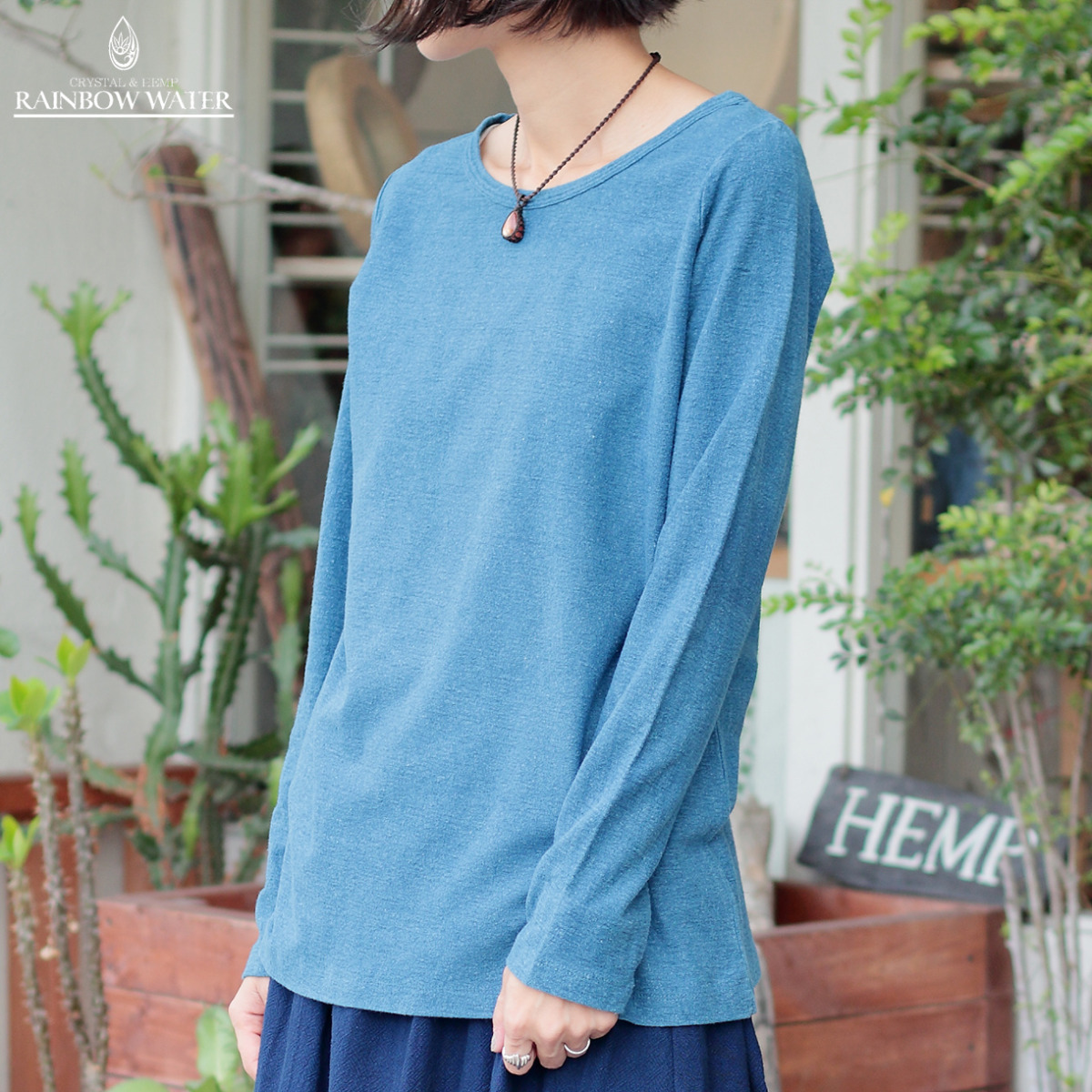 HEMP COTTON レディース ボートネック ロングスリーブTシャツ – Small Neck / 藍染めLIGHT INDIGO