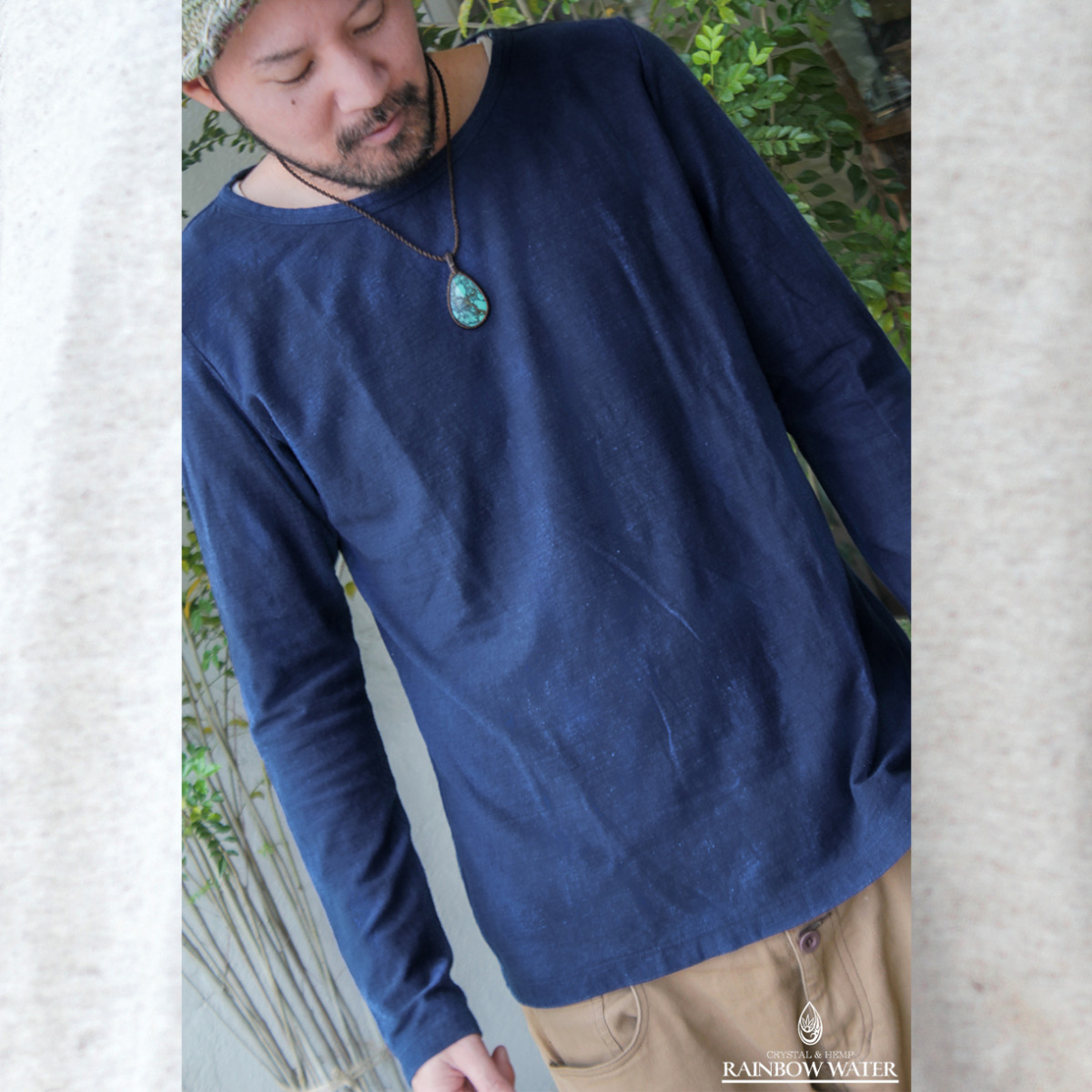 HEMP COTTON メンズ スリムロングスリーブTシャツ / 藍染めINDIGO